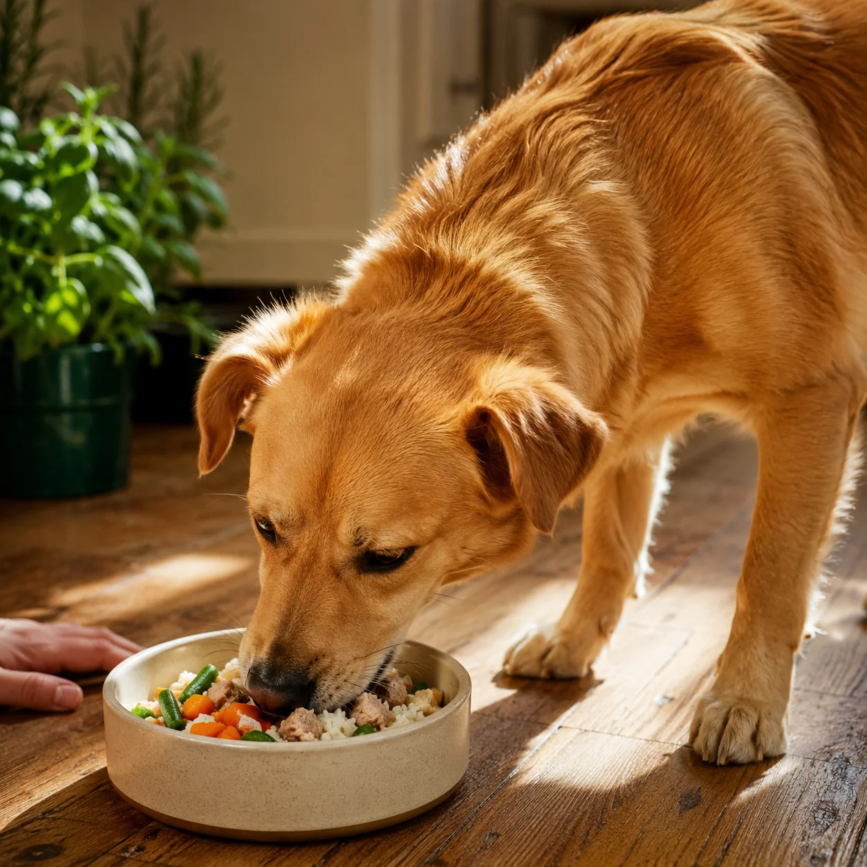 Perro labrador color dorado comiendo comida casera natural de un bol cerámico — pelaje brillante, postura activa