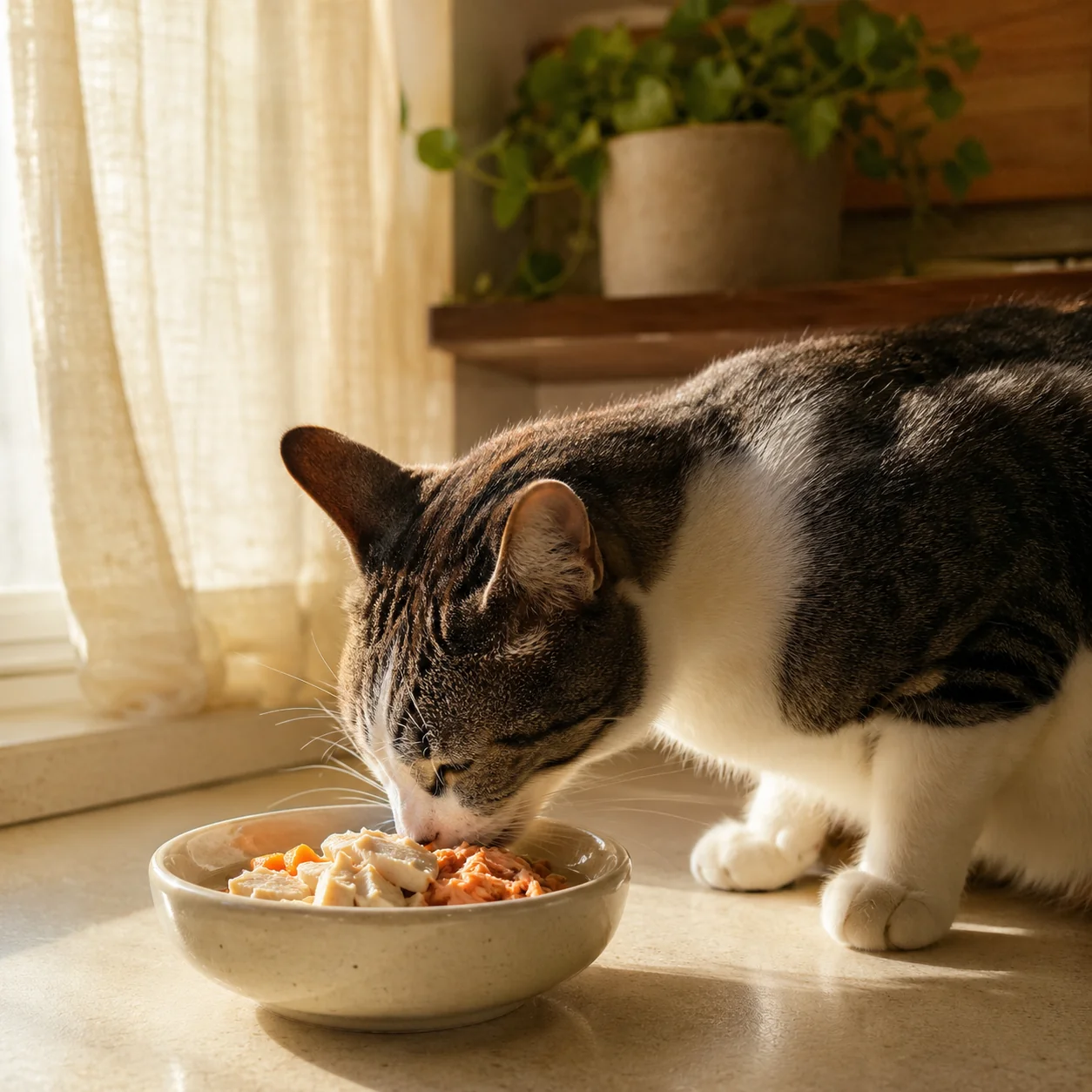 Gato tabby gris comiendo comida casera de un bol cerámico en una cocina iluminada por luz natural