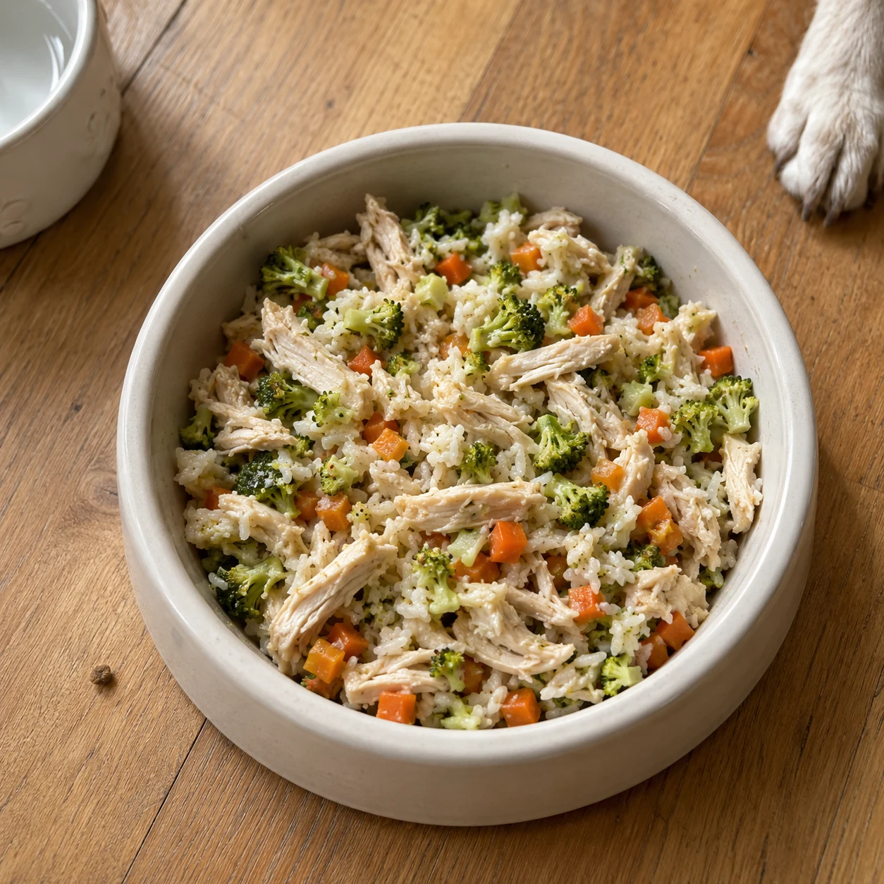 Bol de comida casera natural balanceada para perro: pollo desmenuzado, arroz blanco, brócoli y zanahoria en daditos, vista cenital sobre mantel de lino crema