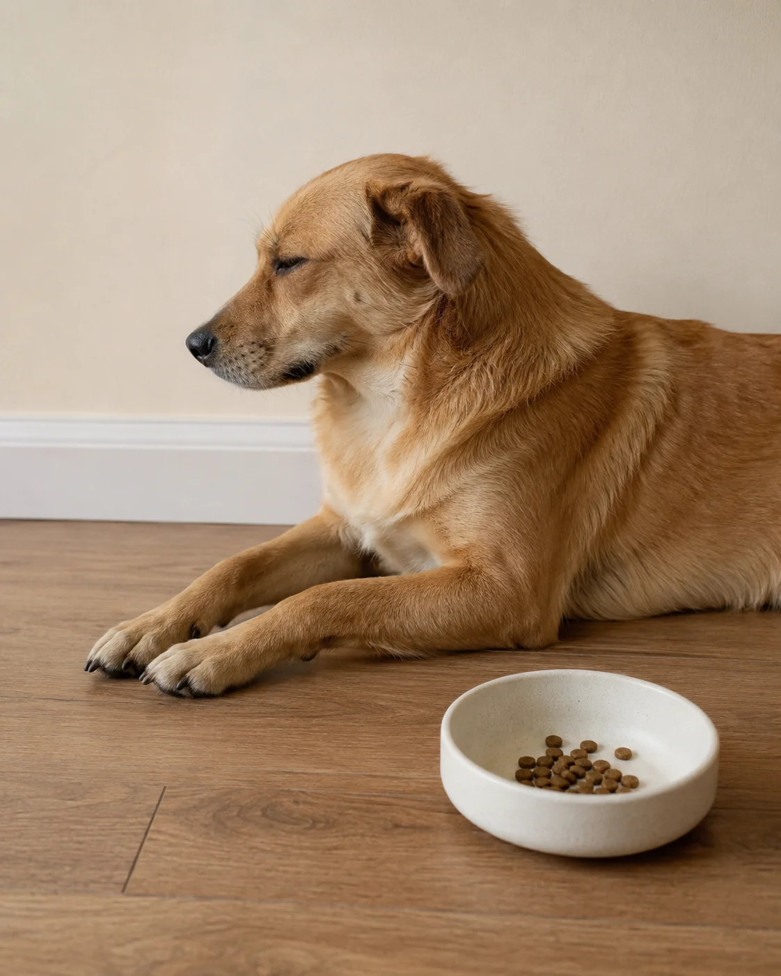 Perro acostado sin ganas frente a un bol de pienso industrial casi sin tocar — energía baja, mirada apática