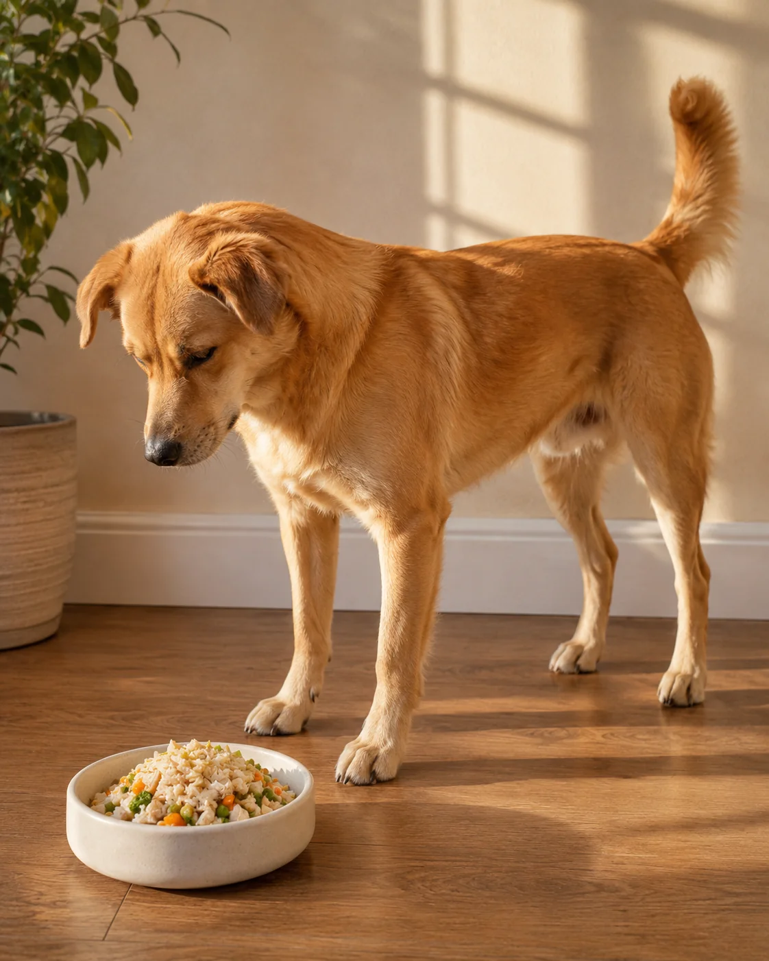 Mismo perro de pie, alerta y con pelaje brillante, junto a un bol de comida casera natural — energía recuperada