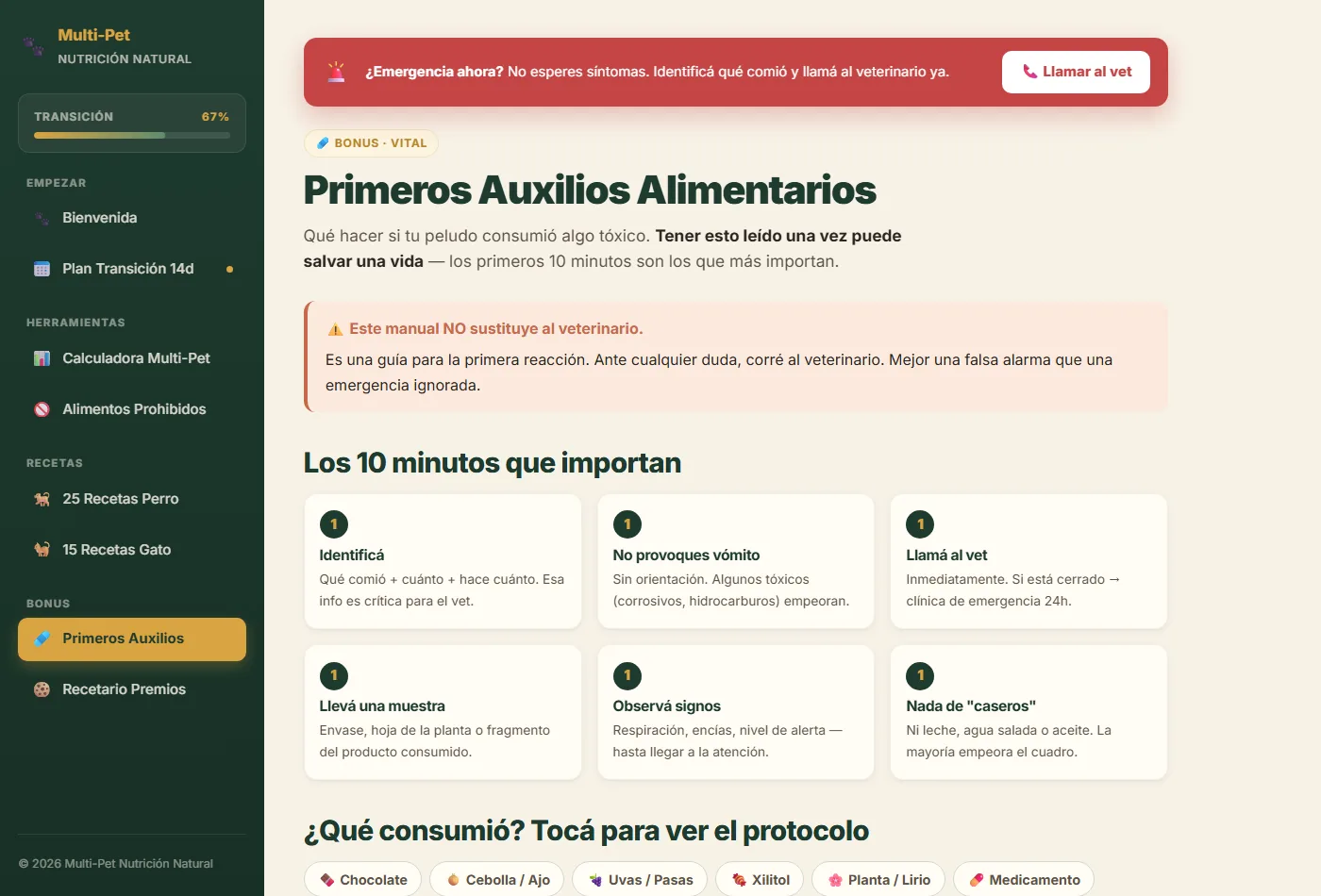 Captura real del Manual de Primeros Auxilios Alimentarios en el área de membros — 10 señales de alerta + casos específicos en acordeón + contactos de emergencia